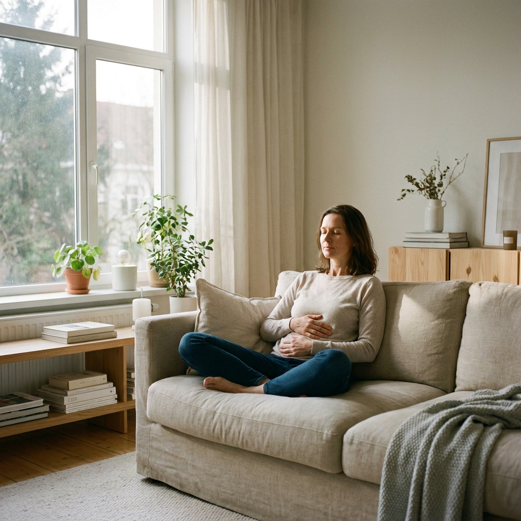Persoon zit rustig op een bank bij het raam en oefent bewuste ademhaling in zacht daglicht, met een serene woonkamer en ontspannen sfeer.