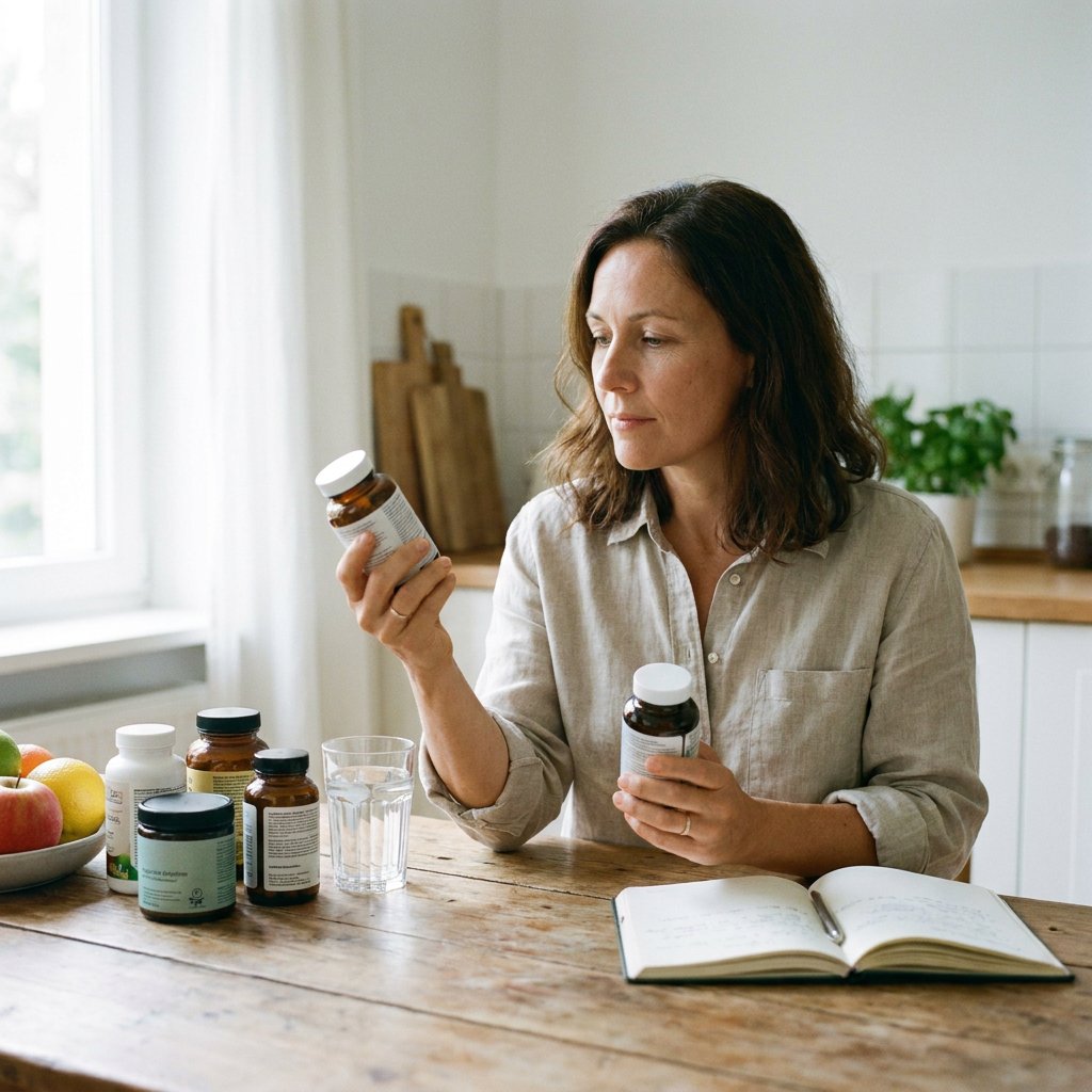Persoon bekijkt supplementenpotjes en etiketten aan een lichte keukentafel met water, fruit en notitieblok in een rustige, realistische setting.