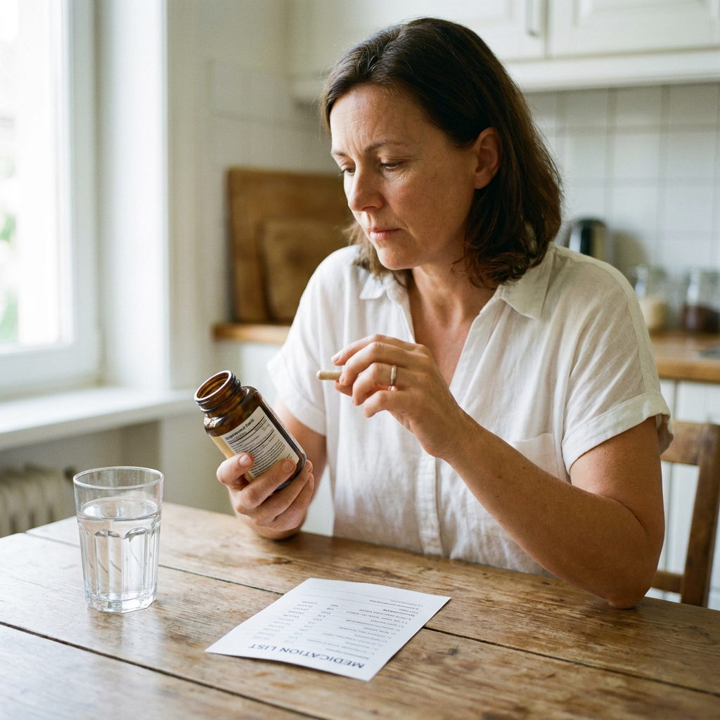 Persoon bekijkt een potje Lion's Mane capsules en een medicatielijst aan een lichte keukentafel, met een bedachtzame, voorzichtige sfeer.