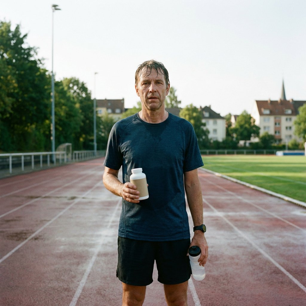Recreatieve duurloper rust na training op een atletiekbaan met waterfles en supplementpotje in de hand, in zacht ochtendlicht.