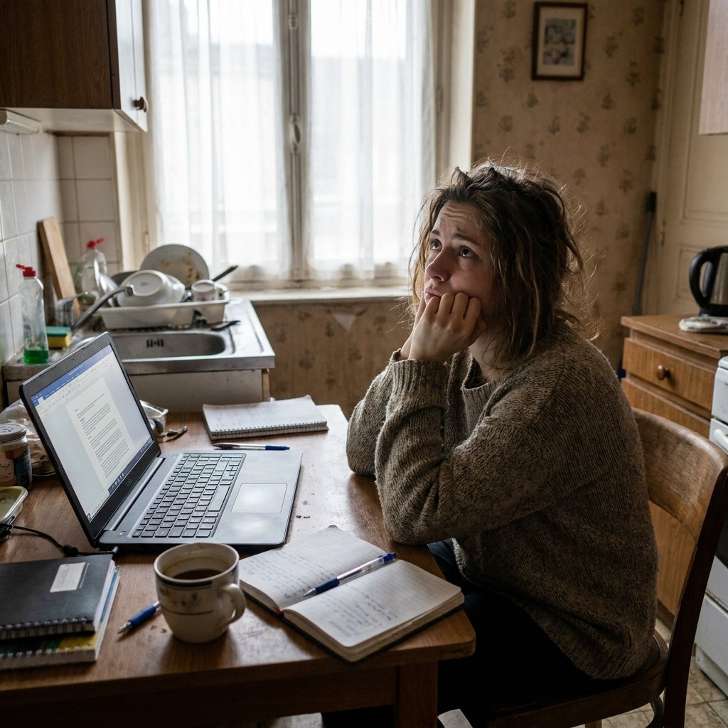 Jonge volwassene zit aan een keukentafel met laptop en notities, staart vermoeid voor zich uit in zacht daglicht, met een stille, mistige sfeer.