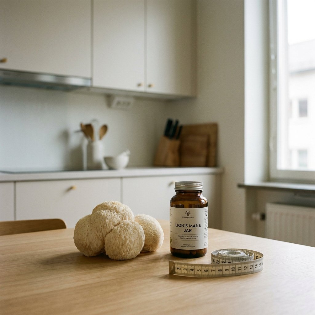Pot met Lion's Mane supplement naast verse paddenstoelen en meetlint op een lichte keukentafel, vastgelegd in een rustige editorial stijl.