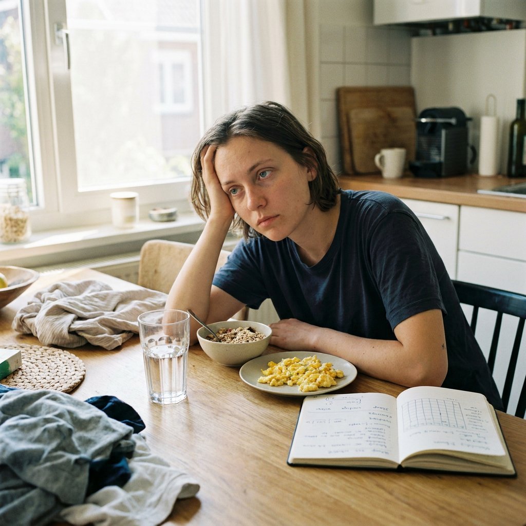 Jonge volwassene zit aan een keukentafel met glas water, notitieboek en gezonde voeding, terwijl ochtendlicht een vermoeide, afwezige blik benadrukt.