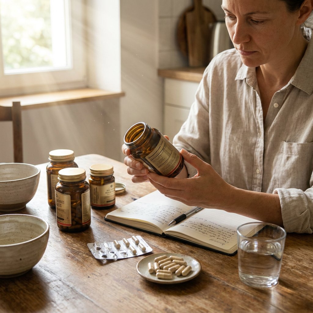 Open potjes supplementen, losse capsules en een etiket dat wordt gelezen aan een lichte keukentafel, met notitieblok en glas water erbij.