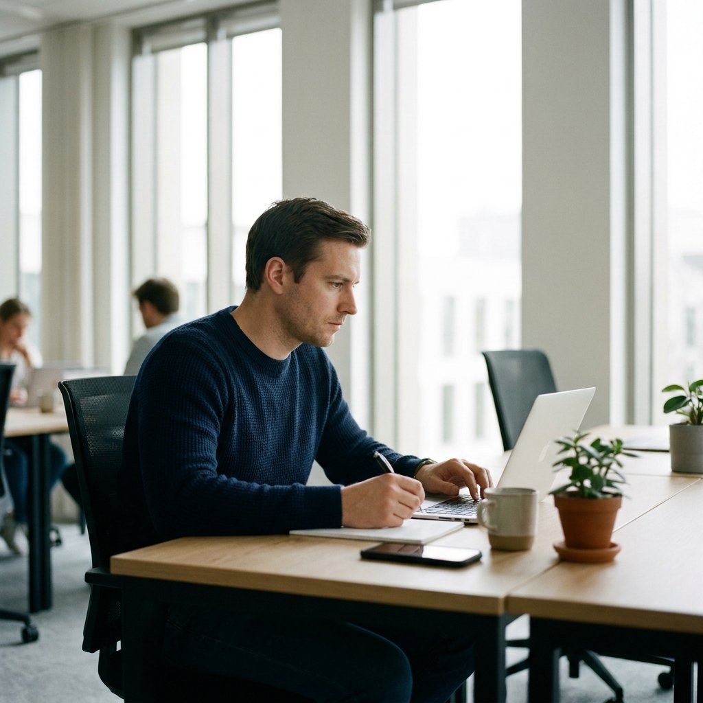 Medewerker aan een opgeruimd bureau in een licht Europees kantoor, telefoon omgedraaid en laptop open, terwijl hij rustig gefocust werkt.