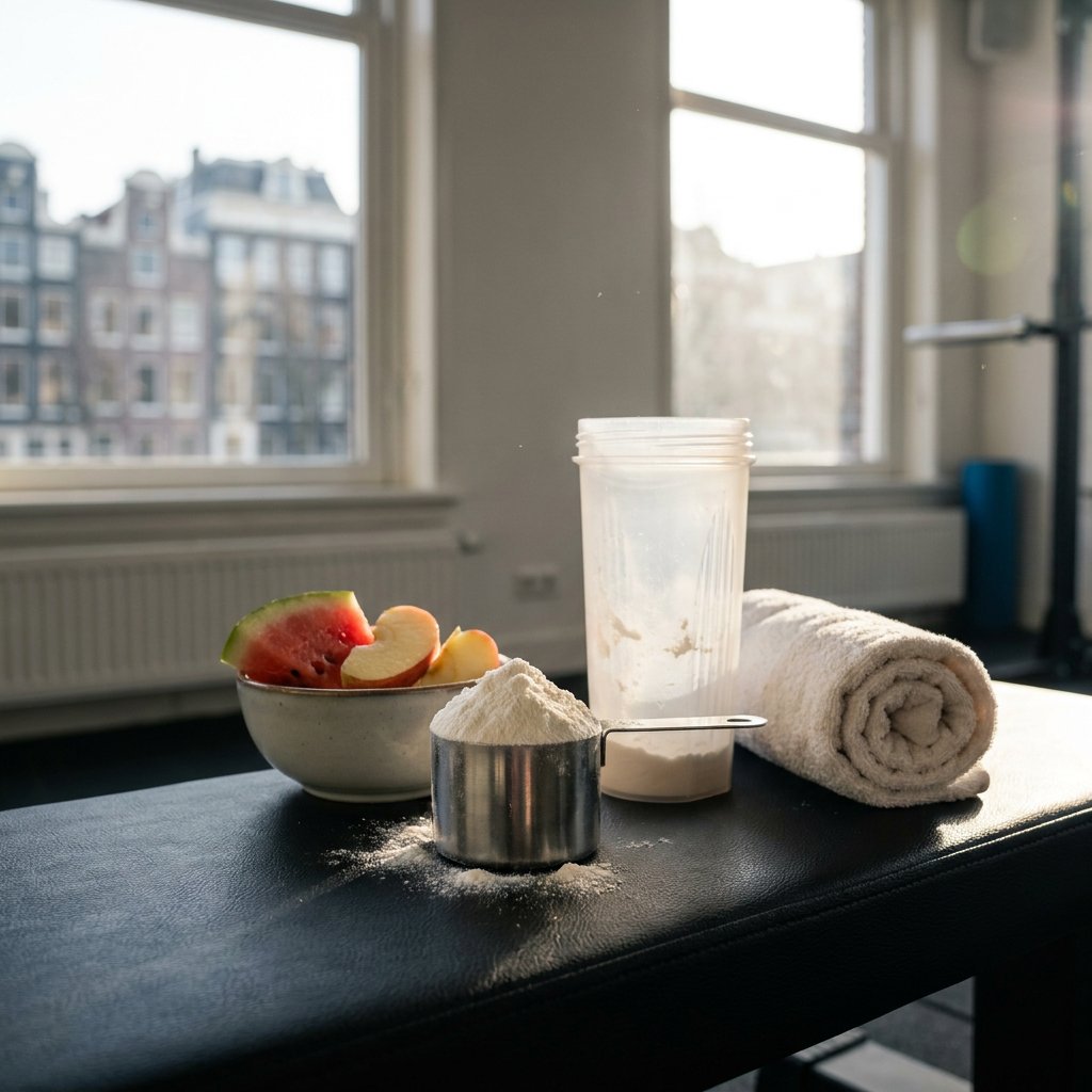 Close-up van een roestvrijstalen maatschep met wit poeder op een zwarte gymbank, naast een transparante shaker, handdoek en partjes watermeloen en appel.