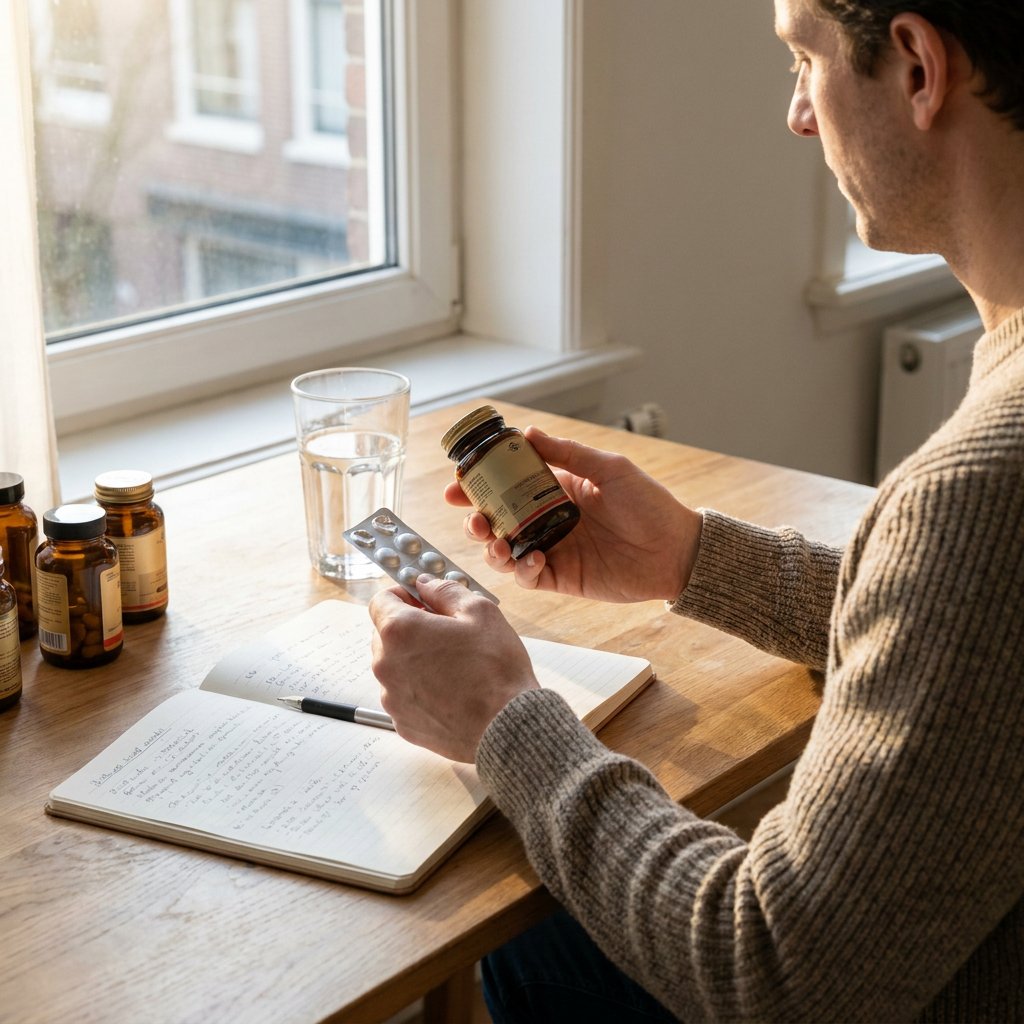 Open pillendoosje, glas water en notitieblok op een rustig bureau, met een volwassene die etiketten vergelijkt in zacht daglicht.