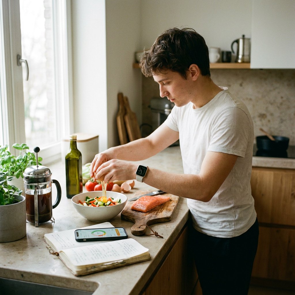 Persoon in lichte Europese keuken met gezonde ingrediënten, smartwatch en notitieboek, bezig met maaltijdplanning voor een biohack dieet.