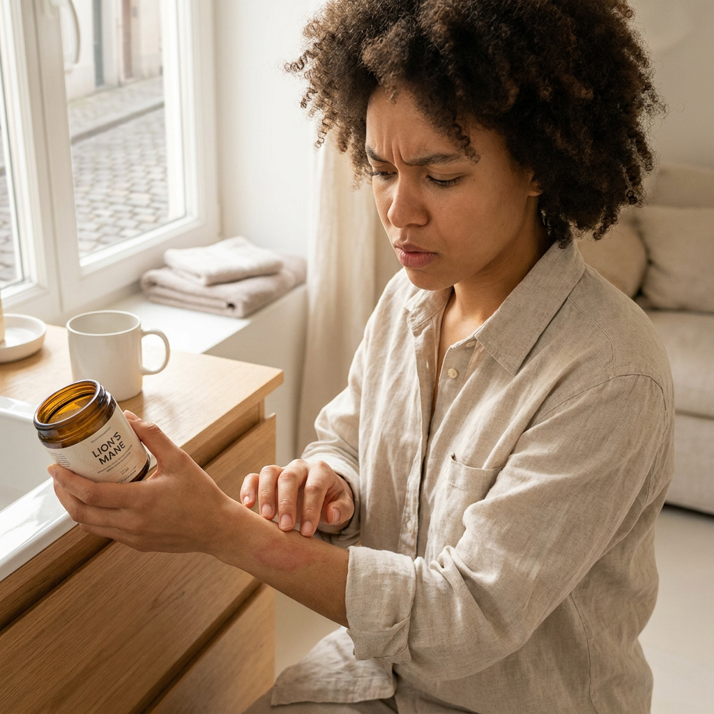Persoon kijkt bezorgd naar een supplementpot met Lion's Mane terwijl lichte huiduitslag op arm zichtbaar is in een heldere badkamer.