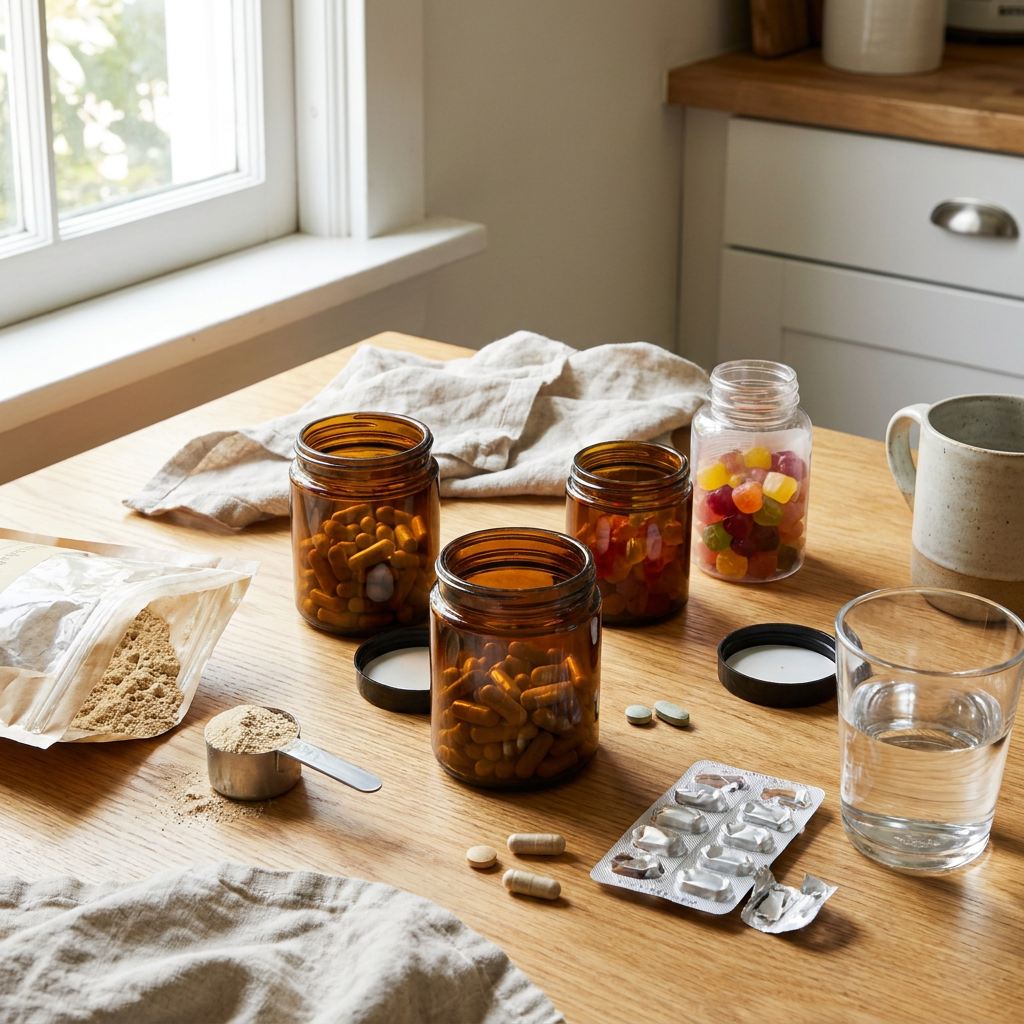 Open potjes en blisterverpakkingen met supplementen liggen naast een glas water en medicijnen op een lichte keukentafel in natuurlijk daglicht.