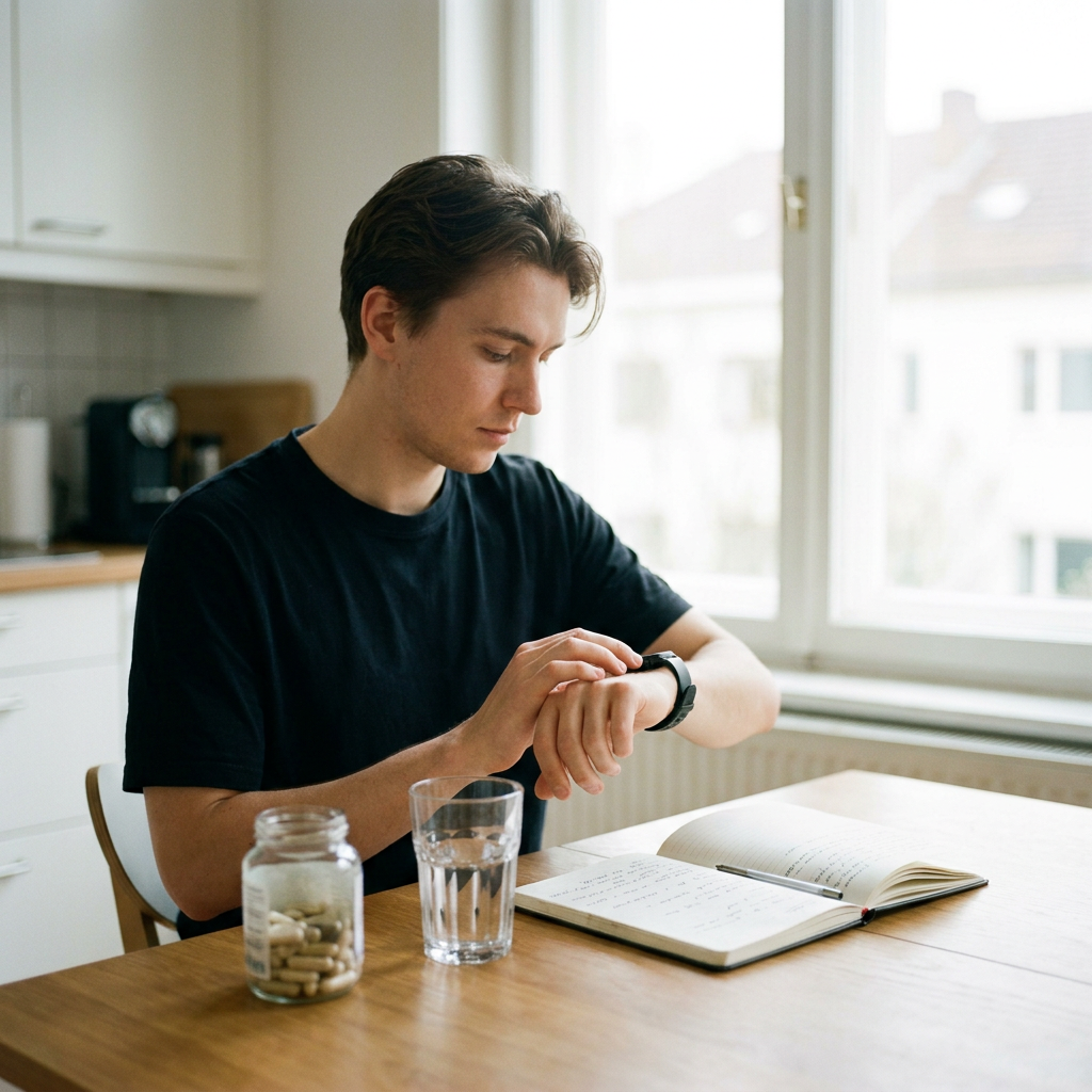 Persoon zit aan een lichte keukentafel met supplementen, water en notities, terwijl een horloge en ochtendlicht het idee van timing benadrukken.
