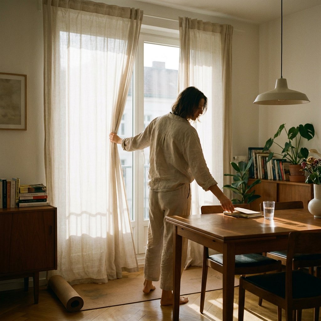 Zonnige woonkamer met groot raam; persoon opent gordijnen, yogamat bij het raam, notitieboekje en glas water op tafel, groene planten zorgen voor rust.
